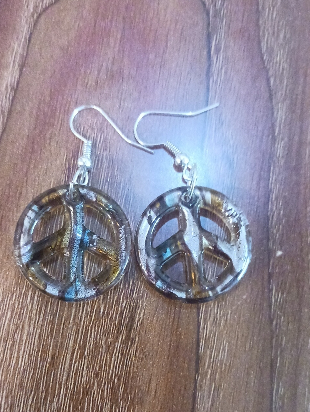 Source Unknown Brown and Silver Peace Sign Dangle Earrings